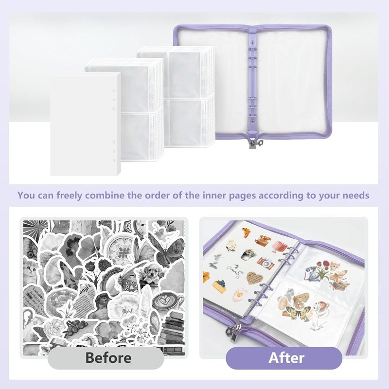NOCAFI Sticker Storage Organizer Binder A5 Sticker Collecting Book Zipper Album for Adult with Blank Reusable Release Paper and Pocket Pages (Purple) - Image 5
